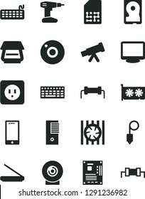 Solid Black Vector Icon Set - camera vector, drill, power socket type b, plummet, smartphone, lens, SIM, radiator fan, keyboard, pc tower, motherboard, gpu card, monitor, hdd, scanner, telescope