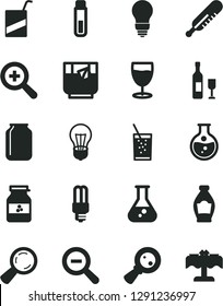 Solid Black Vector Icon Set - zoom vector, out, mercury thermometer, e, bulb, a glass of soda, tea, jar jam, bottle, round flask, light, magnifying, magnifier, test tube, wine, restaurant