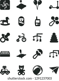 Solid Black Vector Icon Set - toys over the cradle vector, cot, dummy, beanbag, baby rattle, bath ball, stacking rings, motor vehicle present, roly poly doll, toy mobile phone, teddy bear, yule