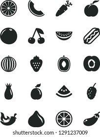 Solid Black Vector Icon Set - Hot Dog vector, chili, carrot, strawberry, cherry, ripe peach, half apricot, rose hip, fig, tasty mulberry, water melon, slice of, delicious plum, juicy lemon, orange