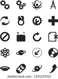 Solid Black Vector Icon Set - prohibition vector, renewal, plus, clockwise, tumbler, gear, left bottom arrow, delete page, plate, accumulator, Measuring compasses, gears, ring diagram, atom, saturn