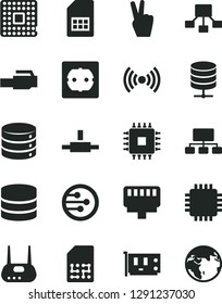 Solid Black Vector Icon Set - power socket type f vector, big data, server, processor, SIM card, scheme, hierarchical, cpu, pc, router, network, connect, lan connector, wireless, victory hand, earth