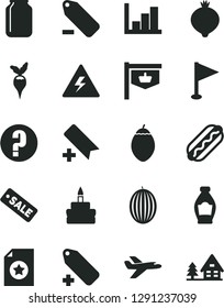 Solid Black Vector Icon Set - danger of electricity vector, add bookmark, label, remove, pennant, negative histogram, question, Hot Dog, birthday cake, bottle, medlar, melon, tamarillo, radish, jar
