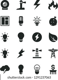 Solid Black Vector Icon Set - lightning vector, matte light bulb, window, storm cloud, lens, leaf, power pole, mercury, lighthouse, coastal, flame, electricity, flag on moon, dollar column