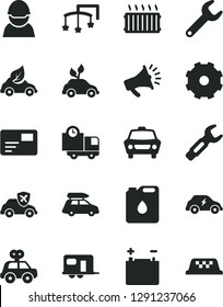 Solid Black Vector Icon Set - truck lorry vector, toys over the cot, motor vehicle present, car, pass card, delivery, accumulator, racer, canister of oil, eco, environmentally friendly transport