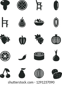 Solid Black Vector Icon Set - a chair for feeding vector, child, canned goods, mushroom, plate of fruit, cherry, half pomegranate, grape, branch, water melon, date, sweet, juicy lemon, passion, part