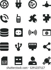 Solid Black Vector Icon Set - Puzzle vector, power socket type f, phone call, plug, SIM, connection, dispatcher, mobile, usb, network, browser, connect, lan connector, wireless, big data, satellite