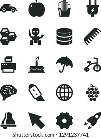 Solid Black Vector Icon Set - truck lorry vector, bell, comb, cake, child bicycle, knife, earth, umbrella, big data, fried potato slices, honeycombs, apple, large grape, plug, retro car, printer