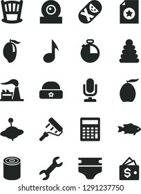 Solid Black Vector Icon Set - desktop microphone vector, calculator, cradle, diaper, stacking rings, tumbler, yule, warm hat, paint roller, timer, tin, fish, mango, loquat, factory, web camera, note
