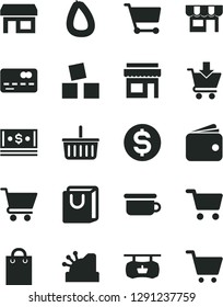 Solid Black Vector Icon Set - grocery basket vector, children's potty, cubes for children, cart, put in, bag with handles, kiosk, stick of sausage, stall, shopping, antique advertising signboard