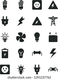 Solid Black Vector Icon Set - lightning vector, danger of electricity, saving light bulb, power socket type b, fan screw, charging battery, accumulator, pole, plug, electric, energy, resistor