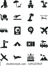 Solid Black Vector Icon Set - coastal lighthouse vector, sand castle, dollar pin, plane, bus, passenger, passport, ticket, departure, tent, beach, arnchair under umbrella, palm tree, baggage, hotel