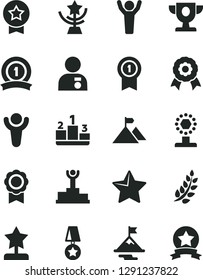 Solid Black Vector Icon Set - star vector, pedestal, medal, winner, laurel branch, podium, prize, cup, reward, man hands up, with, motivation, mountain flag, pennant, ribbon