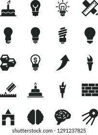 Solid Black Vector Icon Set - matte light bulb vector, box of bricks, cake, birthday, brickwork, saving, writing accessories, drawing, honeycombs, brain, flame torch, arrow up, idea, first satellite