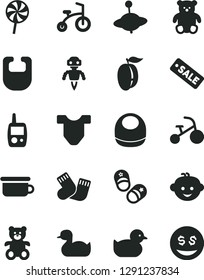 Solid Black Vector Icon Set - bib vector, baby, Child T shirt, rubber duck, duckling, warm socks, toy mobile phone, children's potty, teddy bear, small, hairdo, yule, bicycle, tricycle, shoes, robot