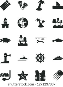 Solid Black Vector Icon Set - small fish vector, sea port, commercial seaport, coastal lighthouse, planet, sand castle, beach, palm tree, starfish, flippers, diving mask, handwheel, life vest, yacht