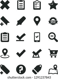 Solid Black Vector Icon Set - add bookmark vector, zoom out, check mark, cross, label, question, star, crossed cart, survey, location, geolocation, text highlighter, sale, clipboard, vote, confirm