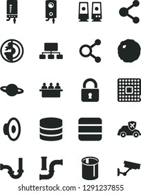 Solid Black Vector Icon Set - loudspeaker vector, sewerage, boiler, electronic, lock, planet, cabbage, water pipes, autopilot, processor, court hearing, connection, connections, scheme, pc speaker