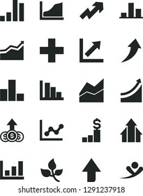 Solid Black Vector Icon Set - upward direction vector, growth up, plus, bar chart, line, graph, positive histogram, leaves, arrow, arrows, dollar pedestal, flying man