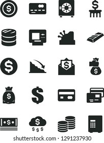 Solid Black Vector Icon Set - dollar vector, strongbox, cards, coins, reverse side of a bank card, front the, column, recession, dollars, cash, cashbox, gold bar, money bag hand, rain, coin, mail