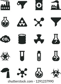 Solid Black Vector Icon Set - round flask vector, manufacture, factory, oil, barrel, industrial building, radiation, carbon dyoxide, filter, water, test tube, molecule, nuclear, biohazard