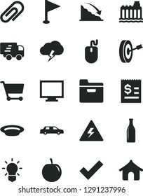 Solid Black Vector Icon Set - danger of electricity vector, monitor, clip, check mark, pennant, storm cloud, folder, plate, tasty plum, hydroelectricity, Glass bottle, cart, recession, mouse, bulb
