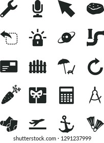 Solid Black Vector Icon Set - desktop microphone vector, clockwise, calculator, Knitted Socks, hedge, anchor, pass card, move left, piece of meat, carrot, water pipes, scribed compasses, repair key