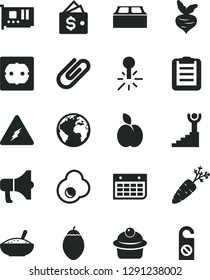 Solid Black Vector Icon Set - sign of the planet vector, power socket type f, building block, megaphone, clip, muffin, a bowl rice porridge, fried egg, apple, tamarillo, carrot, beet, wall calendar