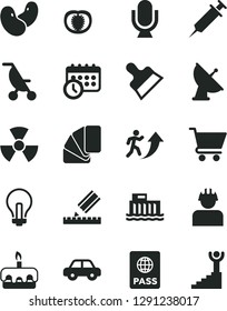 Solid Black Vector Icon Set - incandescent lamp vector, summer stroller, motor vehicle, sample of colour, drawing, putty knife, microphone, passport, cart, torte, half tomato, beans, builder