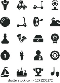 Solid Black Vector Icon Set - bath ball vector, motor vehicle present, Kick scooter, child, warm hat, pedestal, flame torch, winner, prize, cup, pawn, man with medal, purpose, first place, star, aim
