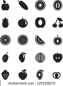 Solid Black Vector Icon Set - cucumber vector, strawberry, apple, cherry, red, tasty, mulberry, water melon, slice of, mango, half, peach, tangerine, kiwi, passion fruit, orange, ripe pineapple