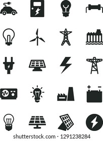 Solid Black Vector Icon Set - lightning vector, incandescent lamp, dangers, bulb, solar panel, windmill, accumulator, hydroelectricity, power line, pole, electric plug, thermal plant, car, sun