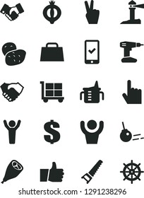 Solid Black Vector Icon Set - cargo trolley vector, dollar, measuring cup for feeding, drill, hand saw, core, index finger, thumb up, grill chicken leg, half of medlar, potato, coastal lighthouse