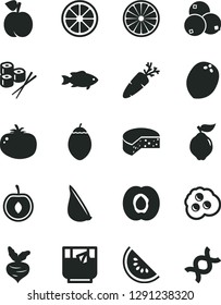 Solid Black Vector Icon Set - cheese vector, tomato, garlic, carrot, sushi set, fish, a glass of tea, omelette, peach, half apricot, quince, blueberries, slice water melon, cherry, juicy lemon, beet