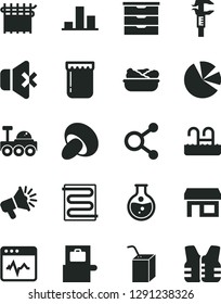 Solid Black Vector Icon Set - storage unit vector, packing of juice with a straw, heating coil, cardiogram, no sound, porcini, lettuce in plate, jam, round flask, cloth industry, caliper, stall