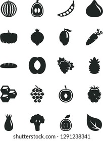 Solid Black Vector Icon Set - loaf vector, carrot, honeycombs, branch of grape, large, rose hip, fig, medlar, blackberry, water melon, mango, half peach, loquat, cherry, guawa, ripe pineapple, peas