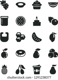 Solid Black Vector Icon Set - bib vector, muffin, birthday cake, with a hole, plate of milk, coffe to go, jam, blueberries, honeycombs, grape, pear, cornels, blueberry, mango, water melon slice