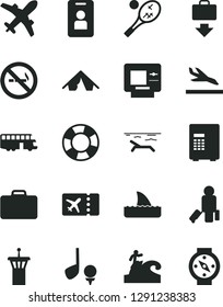 Solid Black Vector Icon Set - bus vector, airport tower, passenger, suitcase, plane ticket, getting baggage, arrival, atm, tent, beach, surfing, tennis, access card, safe, no smoking sign, golf