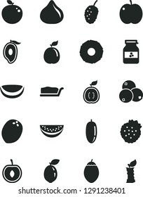 Solid Black Vector Icon Set - cake slice vector, jar of jam, strawberries, apple, fig, blueberries, tasty mulberry, half mango, water melon, date fruit, cherry, tamarillo, sour lime, delicious, stub