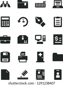 Solid Black Vector Icon Set - laptop vector, briefcase, clean sheet of paper, folder, calculator, bookmark, drawing, cardboard box, article on the dollar, conversation, computer, keyboard, printer