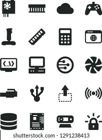 Solid Black Vector Icon Set - move up vector, calculator, computer, fan, radiator, pc power supply, motherboard, memory, web camera, usb, network, browser, coding, lan connector, wireless, joystick