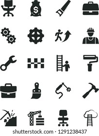 Solid Black Vector Icon Set - paint roller vector, tower crane, builder, hand saw, plastic brush, ceramic tiles, hammer with claw, suitcase, coal mining, gear, gas welding, briefcase, chair, repair