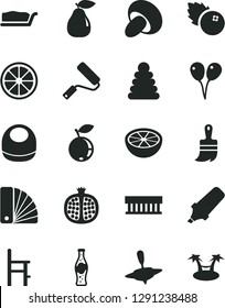 Solid Black Vector Icon Set - baby bib vector, stacking rings, a chair for feeding, small yule, colored air balloons, new roller, color samples, wooden paint brush, porcini, cake slice, blueberries