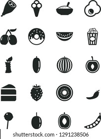 Solid Black Vector Icon Set - piece of cake vector, glazed with a hole, bowl rice porridge, grill chicken leg, Chupa Chups, cup popcorn, cone, fried egg, tasty raspberry, cornels, water melon, slice