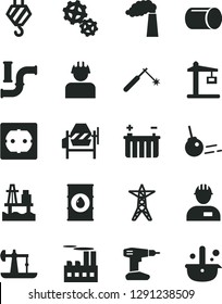 Solid Black Vector Icon Set - workman vector, hook, concrete mixer, drill, power socket type f, core, sea port, oil derrick, water pipes, manufacture, battery, line, industrial building, gears, pipe