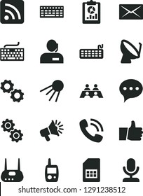 Solid Black Vector Icon Set - keyboard vector, rss feed, toy mobile phone, speech, thumb up, artificial satellite, dish, SIM card, statistical overview, loudspeaker, dispatcher, call, conversation