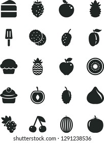 Solid Black Vector Icon Set - cake vector, muffin, piece of, popsicle, biscuit, cherry, grape, red apple, fig, tasty raspberry, mulberry, melon, ripe plum, half, kiwi, delicious, pineapple