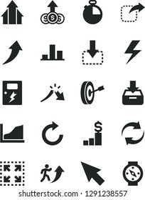 Solid Black Vector Icon Set - lightning vector, renewal, clockwise, dangers, timer, put in a box, size, move down, right, chart, crisis, cursor, growth graph, man arrow up, arrows, purpose, compass