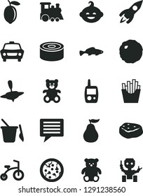 Solid Black Vector Icon Set - image of thought vector, toy mobile phone, children's sand set, teddy bear, small, funny hairdo, train, yule, child bicycle, car, canned goods, pizza, cabbage, fish