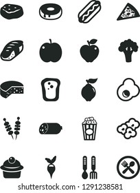Solid Black Vector Icon Set - iron fork spoons vector, sausage, cheese, fried vegetables on sticks, piece of pizza, Hot Dog, muffin, cake with a hole, meat, sushi, popcorn, cup, egg, sandwich, apple